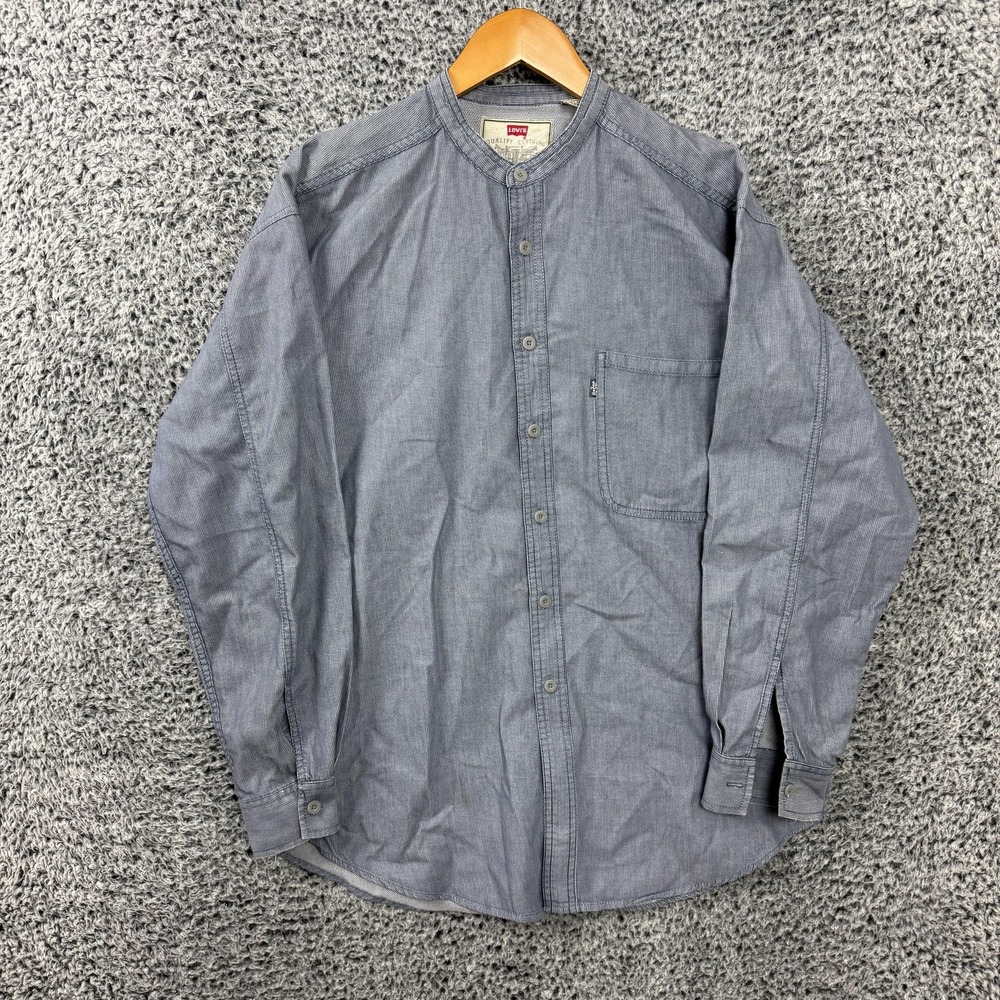 Vintage Levis Shirt Mens Medium Blue Grandpa Grandfather Band Collar Button Up - Picture 2 of 15